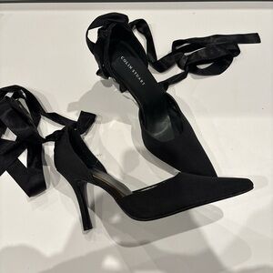 Colin Stuart Black Satin Pointed Ankle Tie Heels